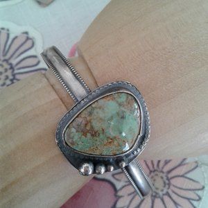 Rustic Artisan Sterling Silver Green Turquiose Cuff Bracelet